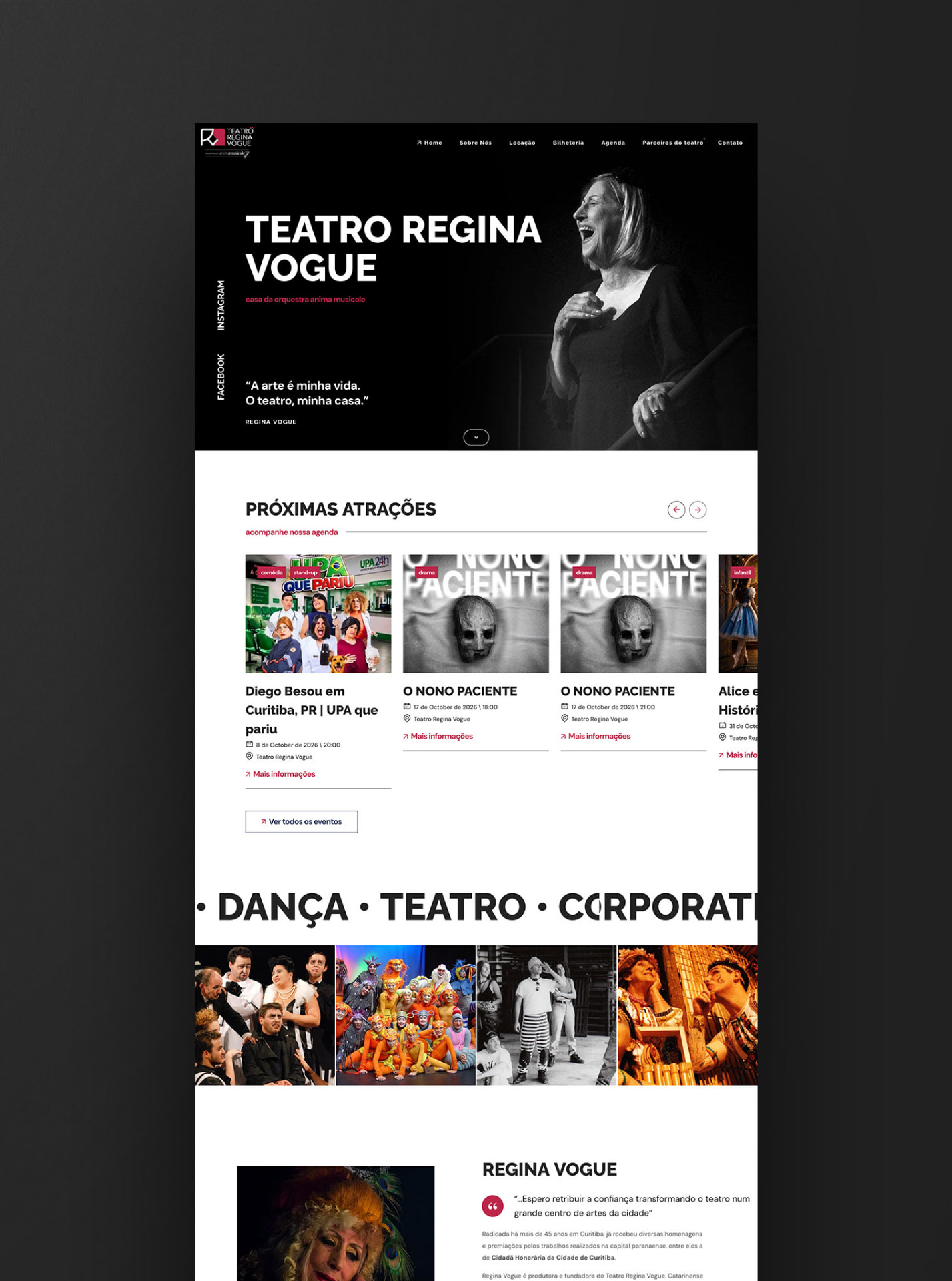 Página inicial do site do Teatro Regina Vogue