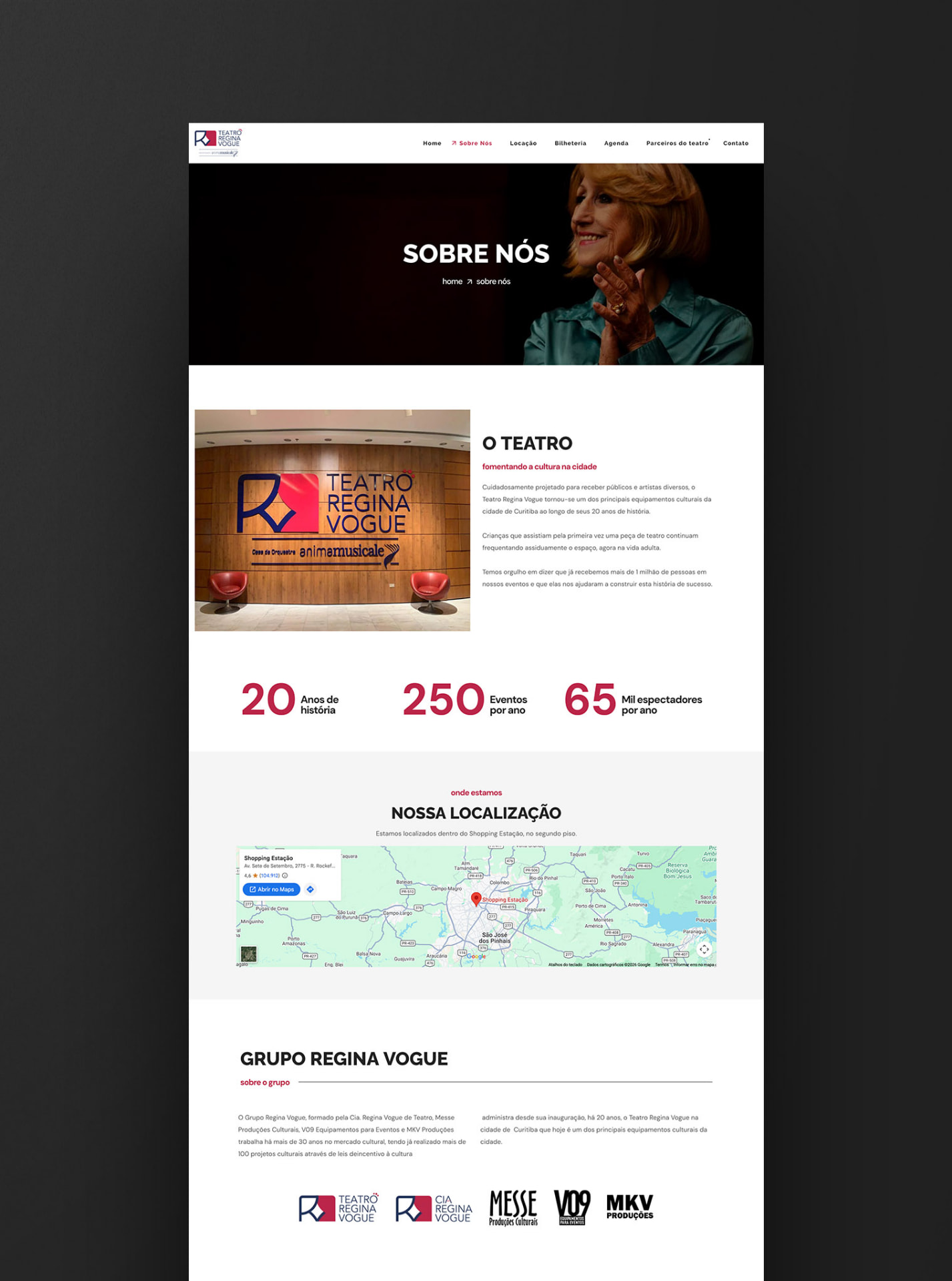 Página Sobre Nós do site do Teatro Regina Vogue