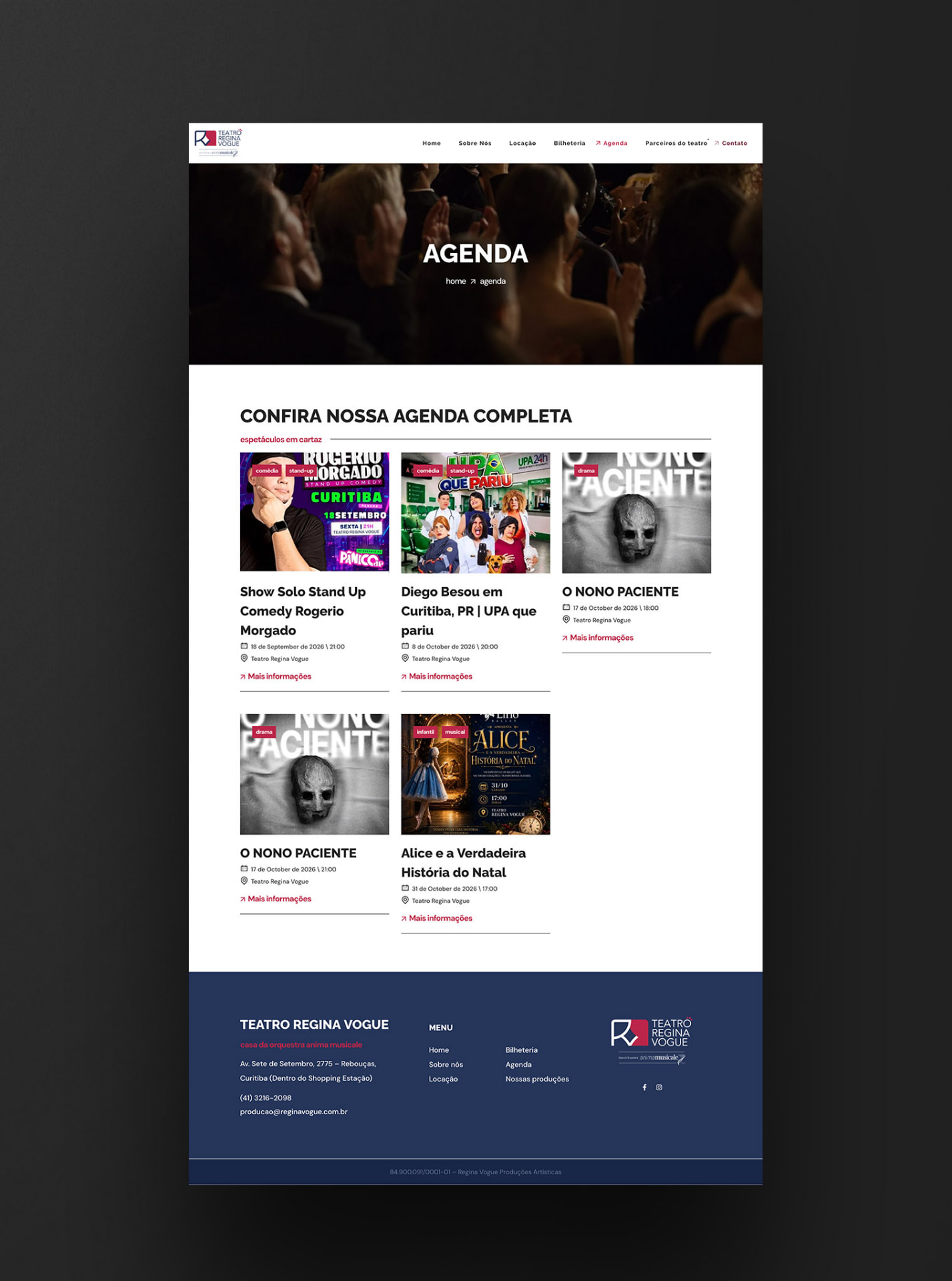 Página Agenda do site do Teatro Regina Vogue